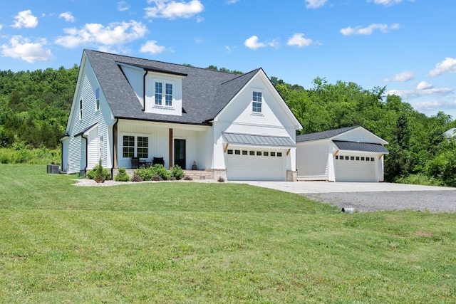 8035 Auburntown Rd, Auburntown, TN 37016 - modern farmhouse style home featuring driveway, a front yard, roof with shingles, and central air condition unit