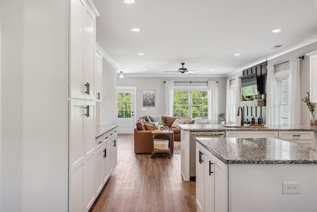 8035 Auburntown Rd, Auburntown, TN 37016 - kitchen with a sink, crown molding, wood finished floors, ceiling fan, and recessed lighting