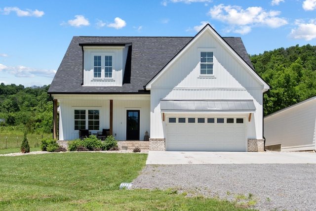 8035 Auburntown Rd, Auburntown, TN 37016 - modern farmhouse with a porch, a front lawn, driveway, a standing seam roof, and roof with shingles