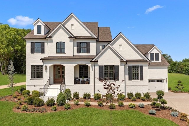 7243 Murrel Dr, Franklin, TN 37064 - french country style house featuring concrete driveway, a front lawn, covered porch, an attached garage, and a shingled roof