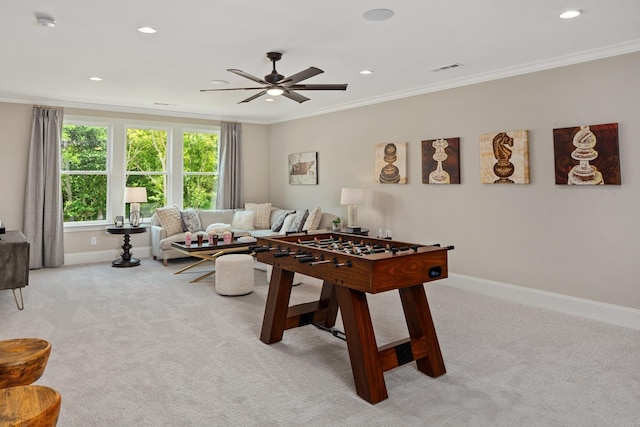 7243 Murrel Dr, Franklin, TN 37064 - rec room featuring light carpet, crown molding, a ceiling fan, baseboards, and recessed lighting