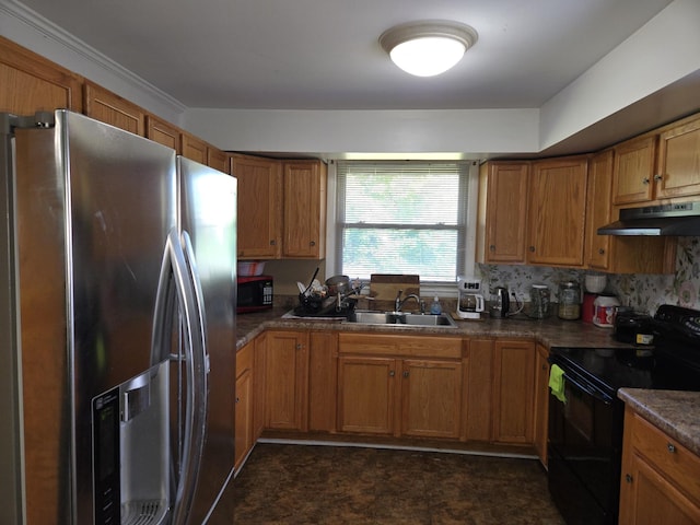 4548 Andrew Jackson Pkwy, Hermitage, TN 37076 - kitchen featuring stainless steel fridge with ice dispenser, black electric range, under cabinet range hood, a sink, and brown cabinets