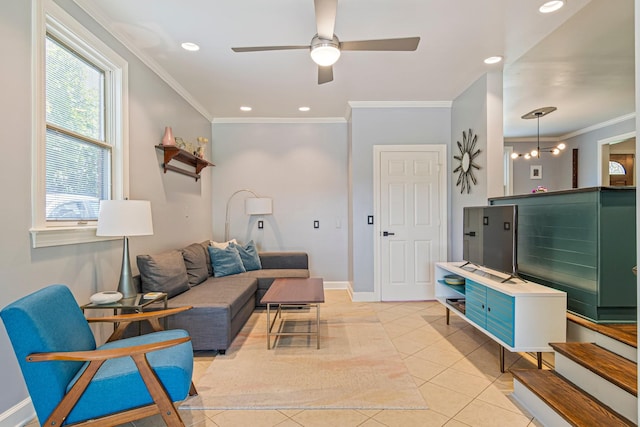 1135 Riverwood Dr, Nashville, TN 37216 - living room featuring a ceiling fan, ornamental molding, light tile patterned floors, recessed lighting, and baseboards