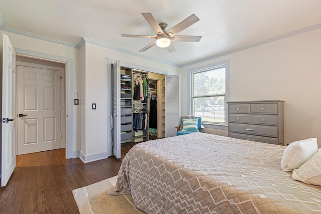 1135 Riverwood Dr, Nashville, TN 37216 - bedroom featuring crown molding, a closet, dark wood-style floors, baseboards, and ceiling fan