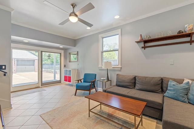 1135 Riverwood Dr, Nashville, TN 37216 - living area featuring crown molding, recessed lighting, light tile patterned flooring, a ceiling fan, and baseboards