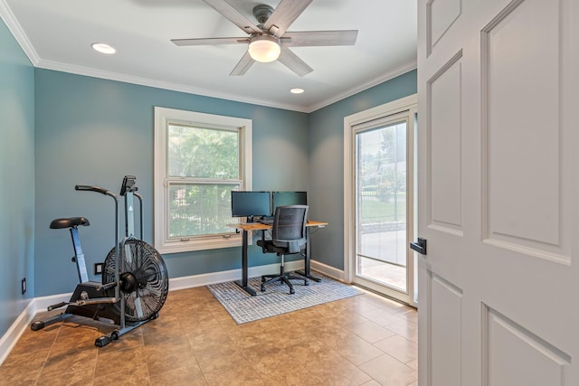 1135 Riverwood Dr, Nashville, TN 37216 - office with crown molding, baseboards, ceiling fan, and recessed lighting