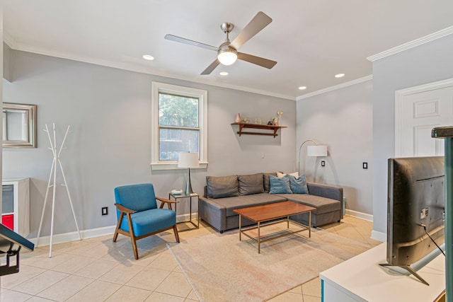 1135 Riverwood Dr, Nashville, TN 37216 - living area featuring a ceiling fan, light tile patterned floors, recessed lighting, baseboards, and ornamental molding