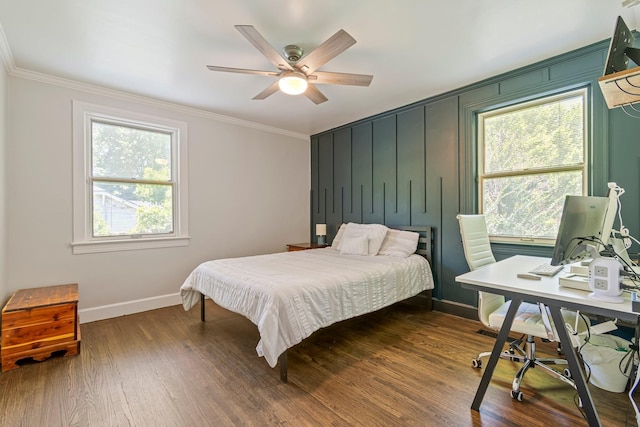 1135 Riverwood Dr, Nashville, TN 37216 - bedroom with baseboards, wood finished floors, ornamental molding, an office area, and ceiling fan