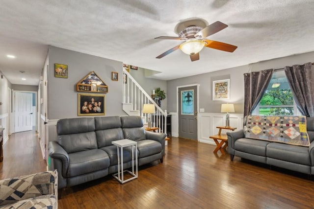 3130 Valley Bend Rd, Murfreesboro, TN 37129 - living area featuring stairway, ceiling fan, wood finished floors, and a textured ceiling