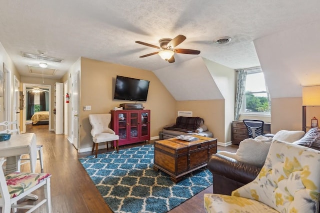 3130 Valley Bend Rd, Murfreesboro, TN 37129 - living room featuring ceiling fan, attic access, wood finished floors, a textured ceiling, and baseboards
