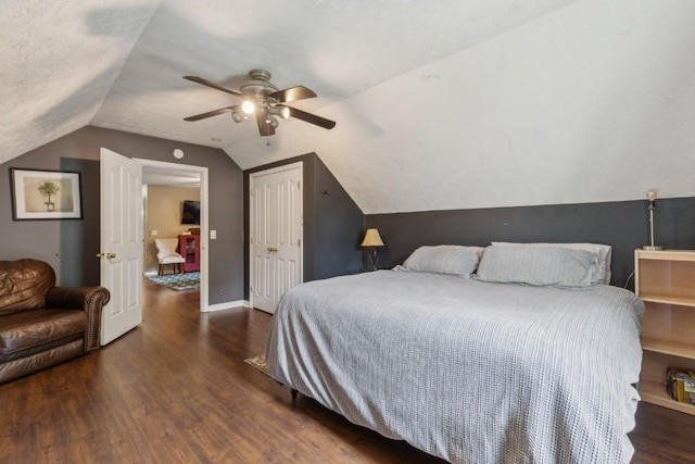 3130 Valley Bend Rd, Murfreesboro, TN 37129 - bedroom with wood finished floors, vaulted ceiling, a ceiling fan, a closet, and baseboards