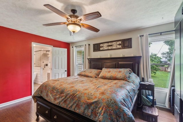 3130 Valley Bend Rd, Murfreesboro, TN 37129 - bedroom featuring baseboards, wood finished floors, ensuite bath, a ceiling fan, and a textured ceiling