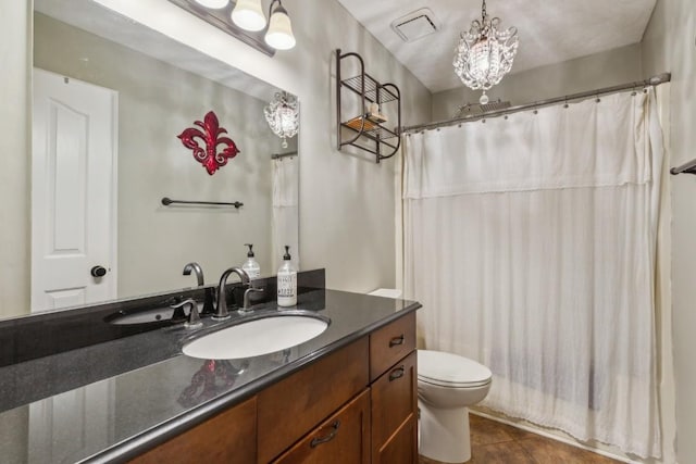 3130 Valley Bend Rd, Murfreesboro, TN 37129 - bathroom featuring vanity, toilet, tile patterned floors, and a chandelier