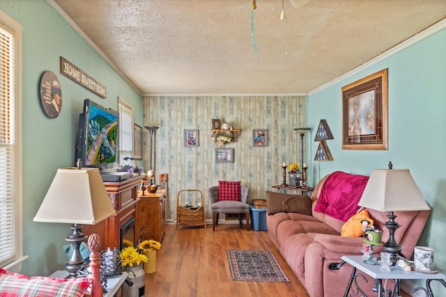 410 Sinking Creek Rd, Petersburg, TN 37144 - living room with crown molding, wood finished floors, a textured ceiling, plenty of natural light, and an accent wall