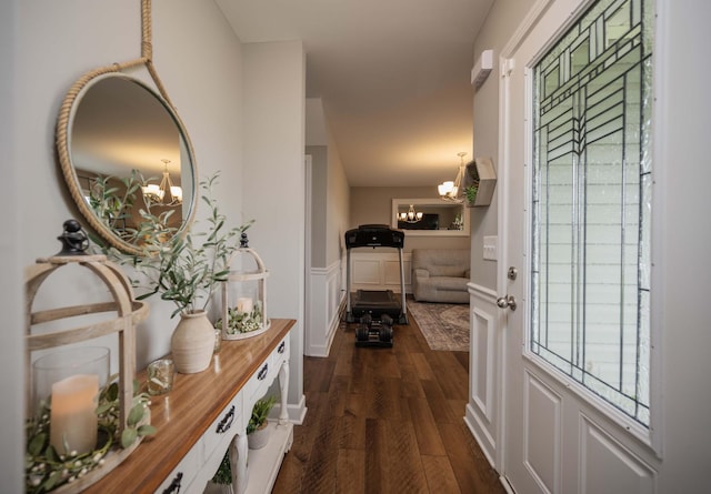 4526 Culpepper Cir, Murfreesboro, TN 37129 - corridor with a chandelier, dark wood-style floors, and wainscoting