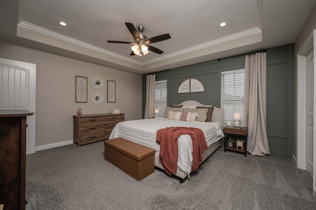 4526 Culpepper Cir, Murfreesboro, TN 37129 - carpeted bedroom featuring a tray ceiling, crown molding, a ceiling fan, baseboards, and recessed lighting