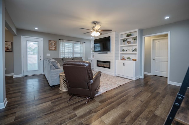4526 Culpepper Cir, Murfreesboro, TN 37129 - living area featuring a fireplace, a ceiling fan, dark wood-style flooring, recessed lighting, and baseboards
