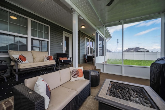 4526 Culpepper Cir, Murfreesboro, TN 37129 - sunroom with an outdoor living space with a fire pit and a ceiling fan