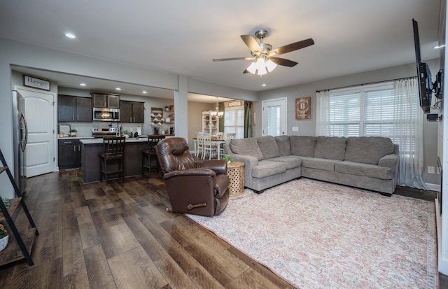 4526 Culpepper Cir, Murfreesboro, TN 37129 - living area featuring ceiling fan, dark wood finished floors, a chandelier, and recessed lighting