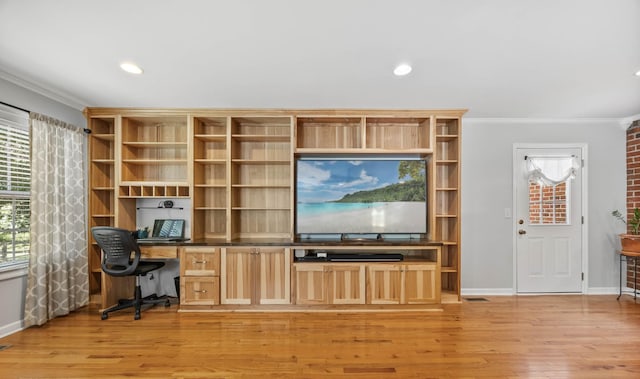 346 Lynnford Dr, Murfreesboro, TN 37128 - unfurnished office with ornamental molding, built in study area, baseboards, light wood-type flooring, and recessed lighting