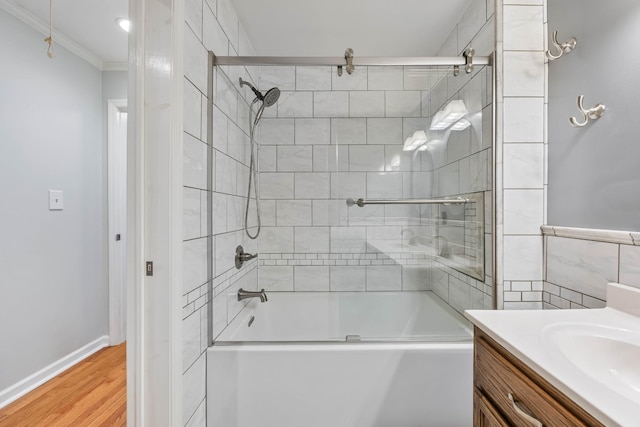 346 Lynnford Dr, Murfreesboro, TN 37128 - bathroom featuring ornamental molding, shower / bath combination, vanity, and wood finished floors