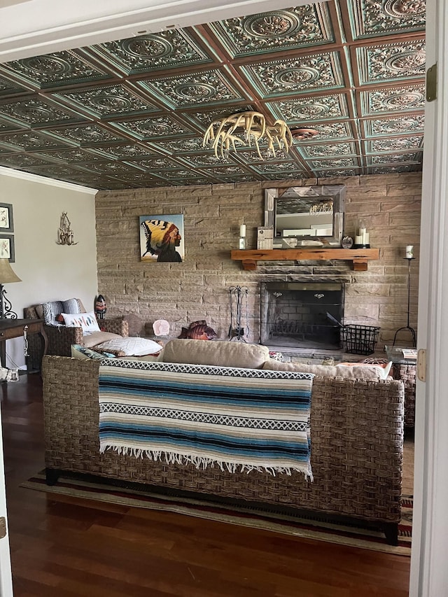 470 Askin Ln, Baxter, TN 38544 - bar featuring an ornate ceiling, wood finished floors, and a fireplace