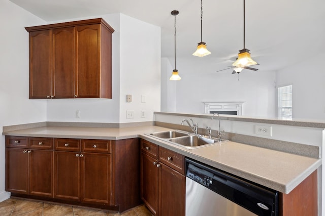 3511 Blaze Dr, Murfreesboro, TN 37128 - kitchen with dishwasher, a sink, a peninsula, ceiling fan, and light countertops