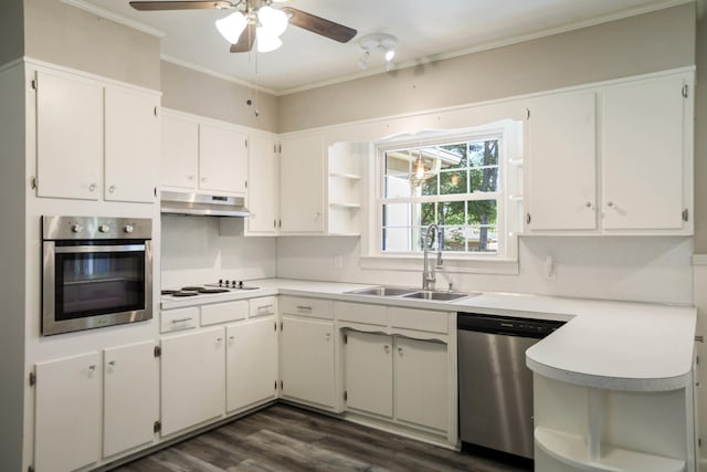 1625 Shady Cir, Lebanon, TN 37087 - kitchen featuring stainless steel appliances, a sink, open shelves, under cabinet range hood, and a ceiling fan