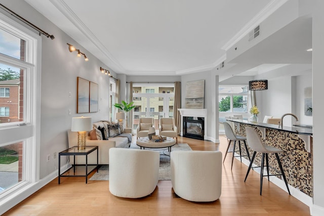 110 31st Ave N Unit 301, Nashville, TN 37203 - living room featuring light wood finished floors, crown molding, a glass covered fireplace, and baseboards