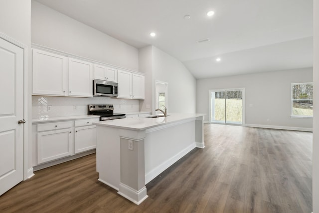 126 Cades Blf, Lebanon, TN 37087 - kitchen featuring appliances with stainless steel finishes, vaulted ceiling, a sink, tasteful backsplash, and dark wood-type flooring