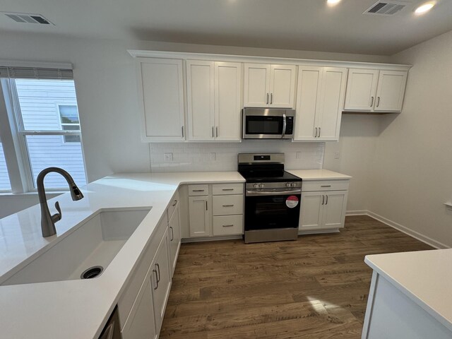 410 Blair Rd, Smyrna, TN 37167 - kitchen with appliances with stainless steel finishes, a sink, white cabinetry, decorative backsplash, and dark wood finished floors