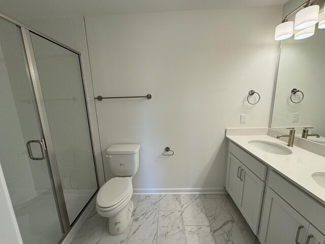 410 Blair Rd, Smyrna, TN 37167 - bathroom featuring marble look tiles, double vanity, toilet, a shower stall, and baseboards