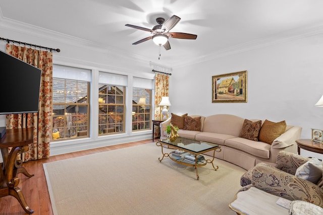697 N Stewart Ln, Rising Fawn, GA 30738 - living room with crown molding, a ceiling fan, and wood finished floors