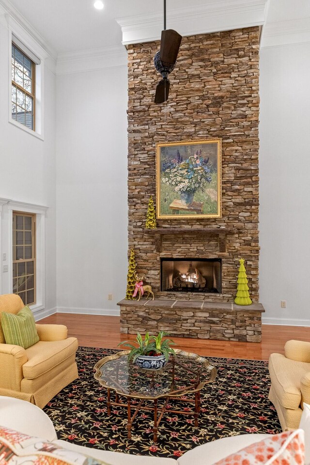 697 N Stewart Ln, Rising Fawn, GA 30738 - living area with wood finished floors, a fireplace, ornamental molding, and baseboards