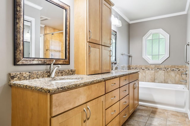4348 Oakcrest Ln, Hermitage, TN 37076 - bathroom featuring a tub to relax in, double vanity, ornamental molding, a tile shower, and tile patterned floors