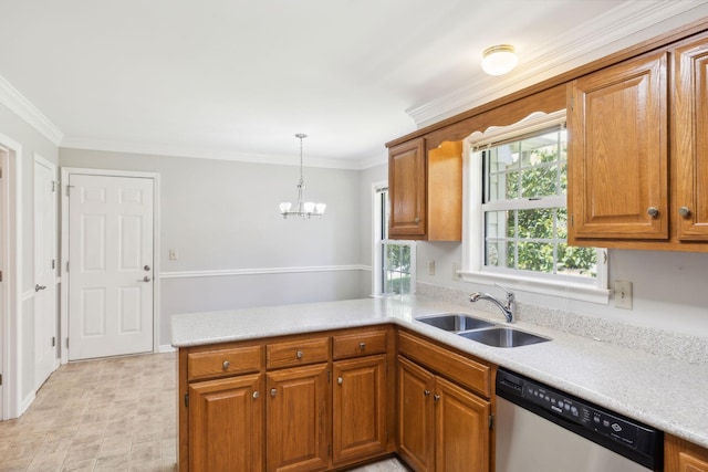 4348 Oakcrest Ln, Hermitage, TN 37076 - kitchen featuring stainless steel dishwasher, a sink, a peninsula, brown cabinets, and crown molding