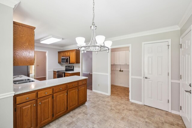 4348 Oakcrest Ln, Hermitage, TN 37076 - kitchen featuring appliances with stainless steel finishes, a sink, a chandelier, brown cabinets, and ornamental molding