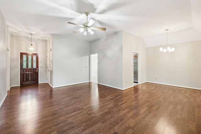 4348 Oakcrest Ln, Hermitage, TN 37076 - unfurnished living room featuring a chandelier, a ceiling fan, dark wood finished floors, baseboards, and lofted ceiling