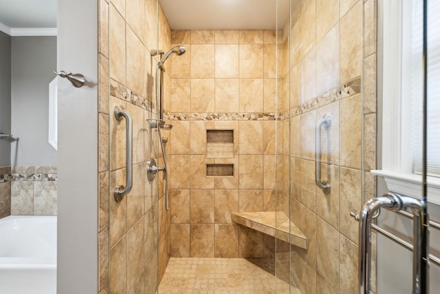 4348 Oakcrest Ln, Hermitage, TN 37076 - full bathroom featuring a shower stall, a bath, and ornamental molding