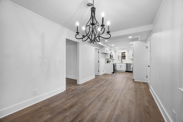 176 Kirby Dr, Clarksville, TN 37042 - unfurnished living room featuring a chandelier, crown molding, baseboards, dark wood finished floors, and recessed lighting