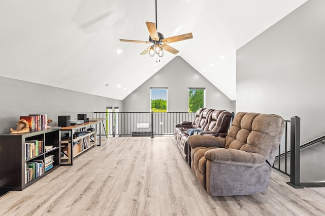 14 Lewter Rd, Taft, TN 38488 - living area featuring wood finished floors, ceiling fan, recessed lighting, and high vaulted ceiling