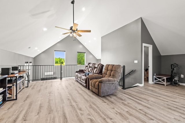 14 Lewter Rd, Taft, TN 38488 - living area featuring vaulted ceiling, light wood finished floors, a ceiling fan, recessed lighting, and baseboards