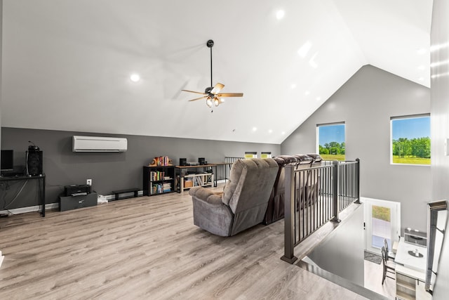 14 Lewter Rd, Taft, TN 38488 - living room featuring a wall mounted air conditioner, vaulted ceiling, wood finished floors, ceiling fan, and recessed lighting