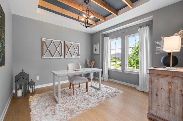 894 Plowson Rd, Mount Juliet, TN 37122 - office featuring wood finished floors, baseboards, a chandelier, and beam ceiling