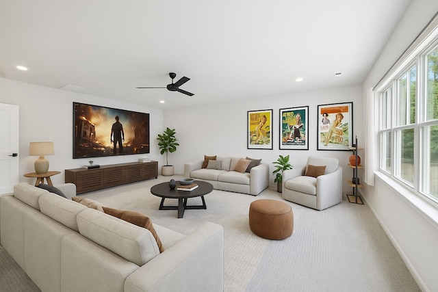 1001 Laguna Dr, Franklin, TN 37067 - carpeted living area featuring healthy amount of natural light, recessed lighting, and a ceiling fan