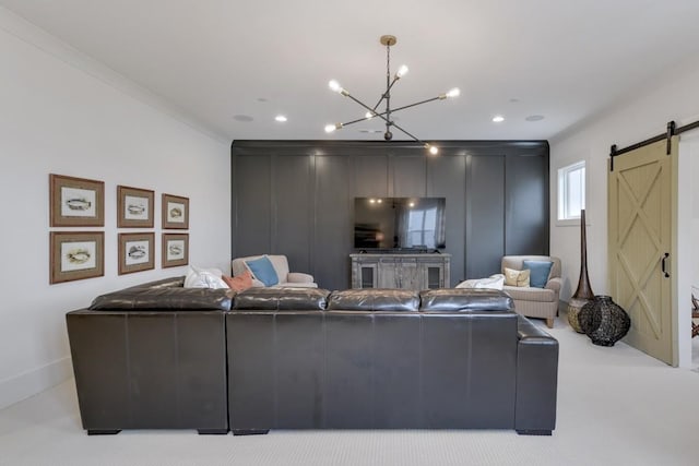 1006 Laguna Dr, Franklin, TN 37067 - living area with a barn door, a chandelier, light carpet, and recessed lighting