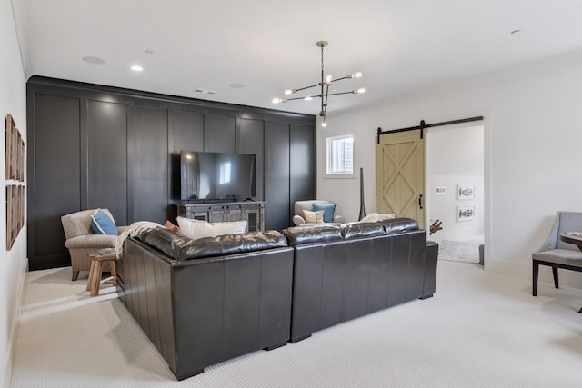 9906 Amarosa Ct, Brentwood, TN 37027 - living area with a barn door, a chandelier, and light carpet