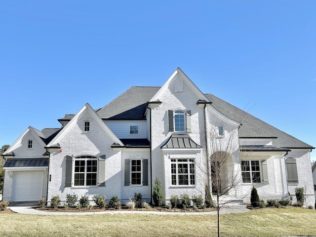 9906 Amarosa Ct, Brentwood, TN 37027 - french provincial home with a standing seam roof, brick siding, a front lawn, an attached garage, and a shingled roof