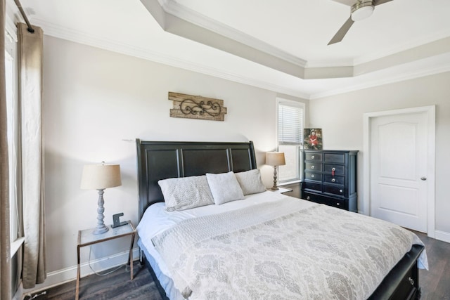 743 Burgess Dr, Goodlettsville, TN 37072 - bedroom featuring a raised ceiling, crown molding, dark wood-style floors, baseboards, and ceiling fan