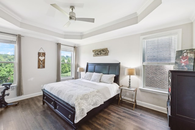 743 Burgess Dr, Goodlettsville, TN 37072 - bedroom featuring a tray ceiling, dark wood finished floors, ornamental molding, baseboards, and ceiling fan